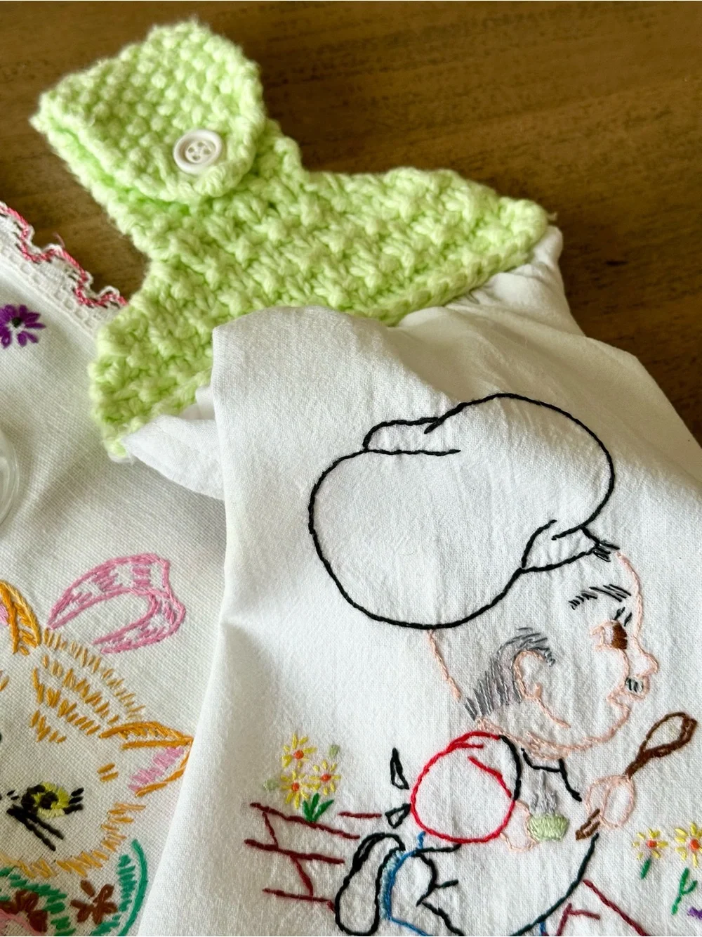 Vintage Grandmas Kitchen Lot Embroidered Linens Limoges Crochet Birds